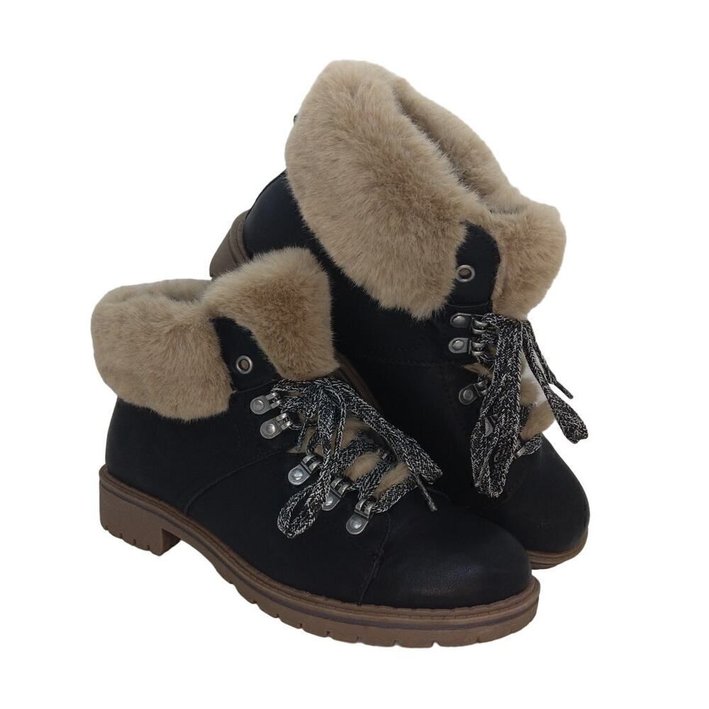 Time and True Womens Pre-owned Black & Tan Faux Fur Lined Hiker Boots - sz. 9